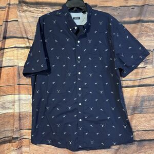 IZOD Men's XXL Navy Blue Short Sleeve Button Down Shirt Sailing Flag Oar Print